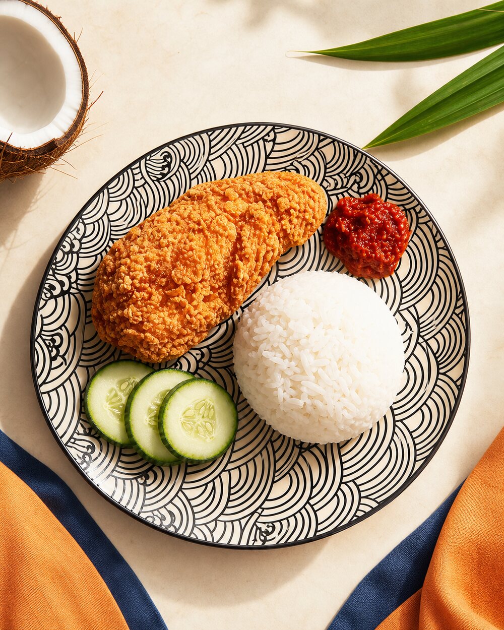 Paket Crispy Coco Chicken dengan nasi, sambal, dan mentimun