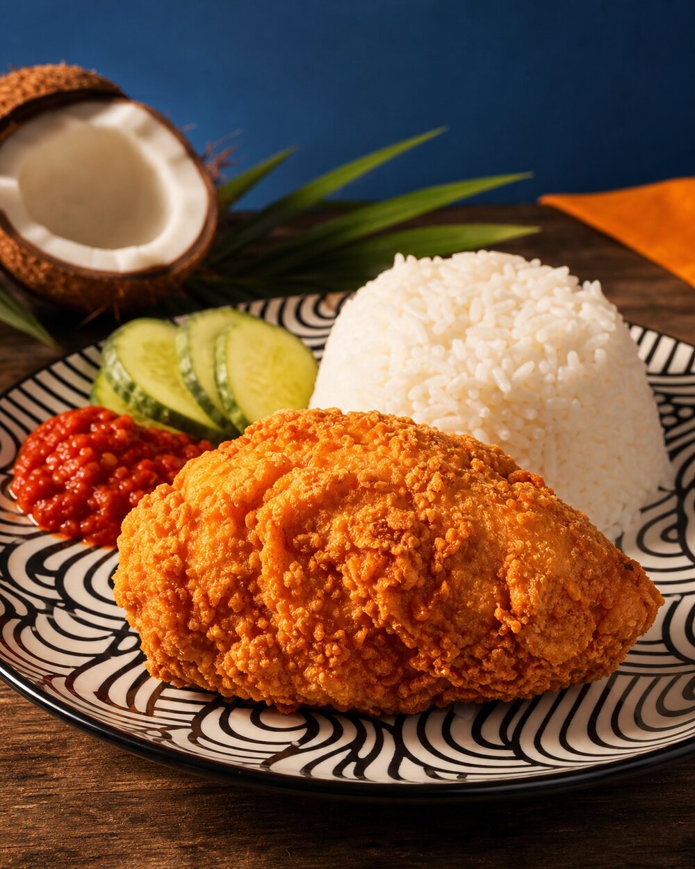 Close-up ayam krispi Crispy Coco Chicken dengan kelapa, nasi, dan sambal